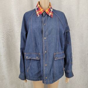 Vintage Denim Chore Coat Barn Jacket with Plaid Flannel Collar Cuffs Utility